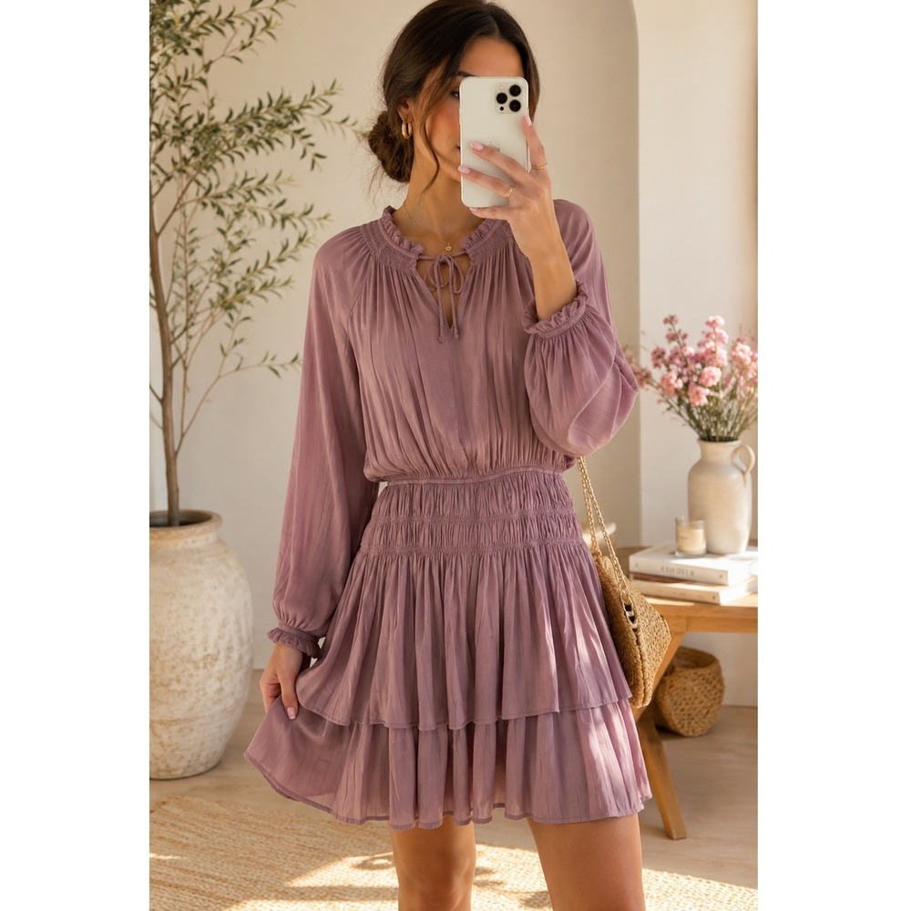 Aeom Mauve Pleated Tiered Smocked Mini Dress Long Sleeve AM-3154
